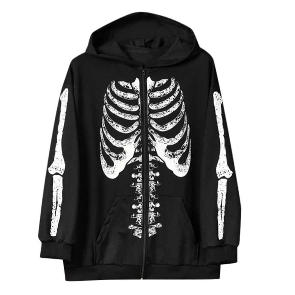 Autumn Winter Men'S Dark Style Skeleton Print Hoodies Casual Long Sleeve O Neck Zipper Clothing Street Fashion Vintage Coat