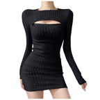 Women Bodycon Sweater Dress Y2k Korean Sexy Hollow Out Zip Up Short Dress Harajuku Female Ruched Long Sleeve Casual Vestidos