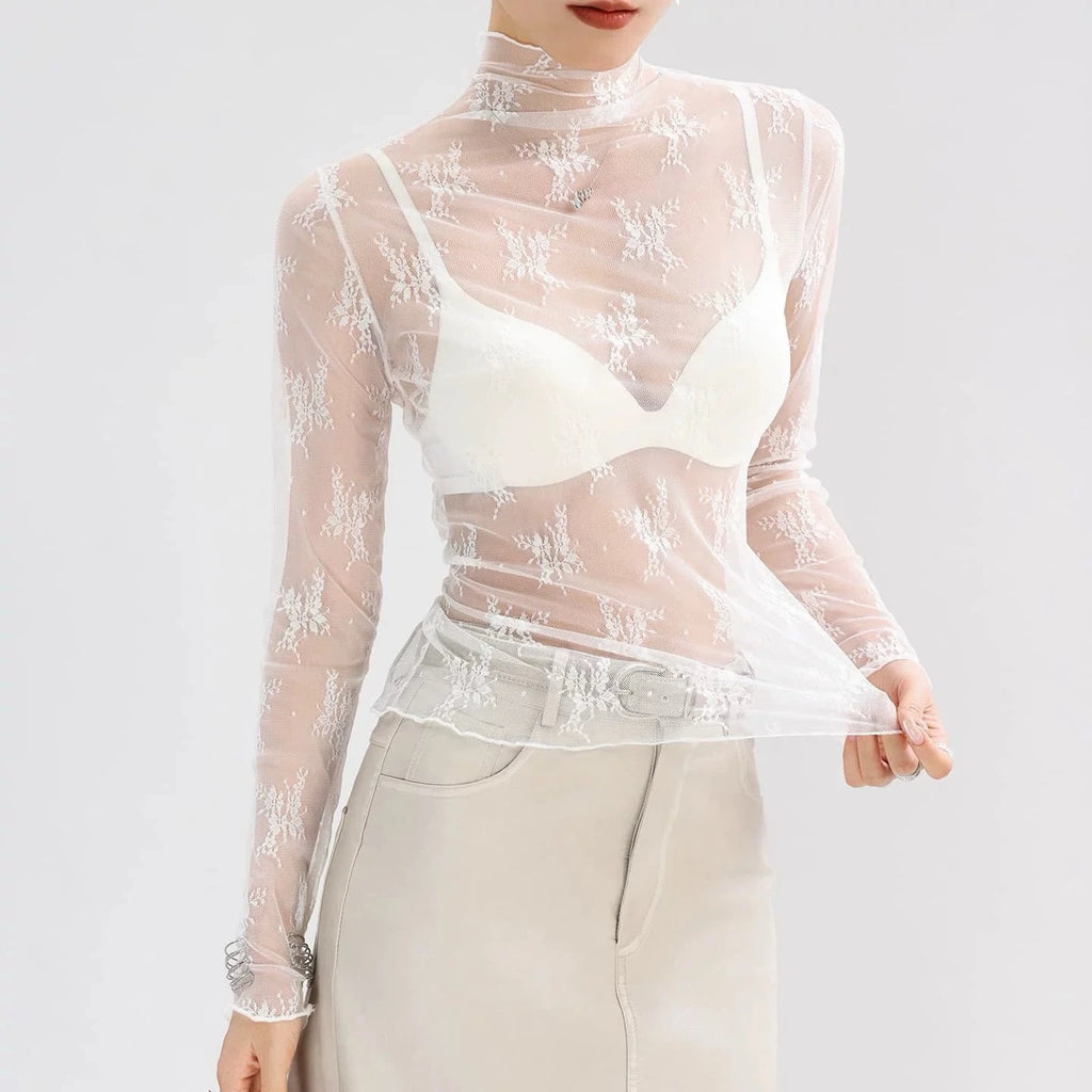 Sexy Women Mesh T-Shirts Transparent Lace Blouse Long Sleeve See Through Tops For Women O Neck Sheer Tees Body Crop Top