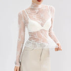 Sexy Women Mesh T-Shirts Transparent Lace Blouse Long Sleeve See Through Tops For Women O Neck Sheer Tees Body Crop Top