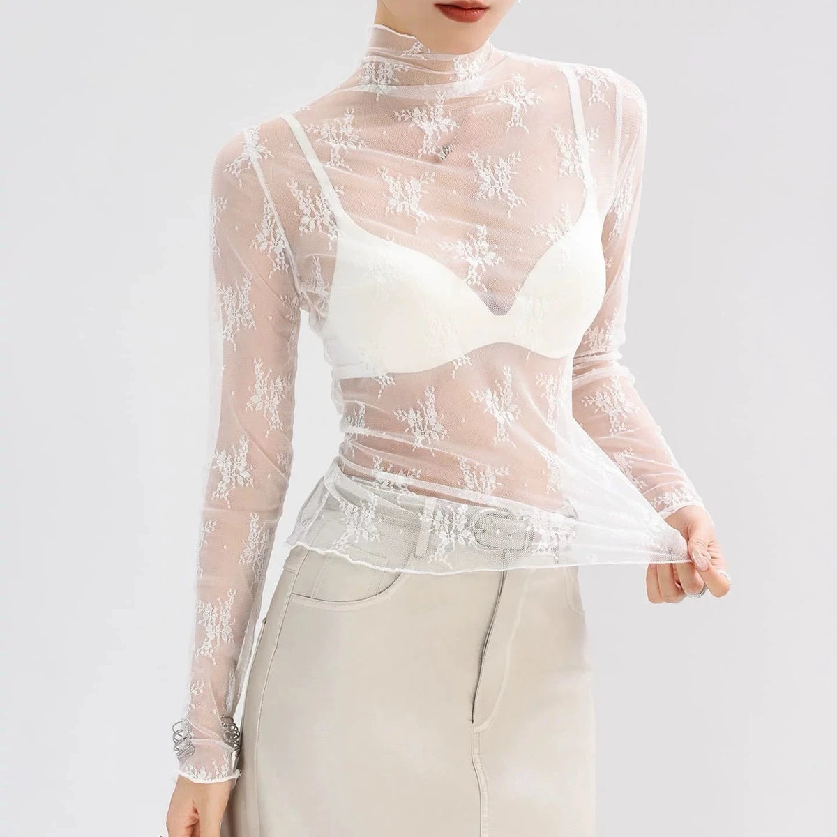 Sexy Women Mesh T-Shirts Transparent Lace Blouse Long Sleeve See Through Tops For Women O Neck Sheer Tees Body Crop Top