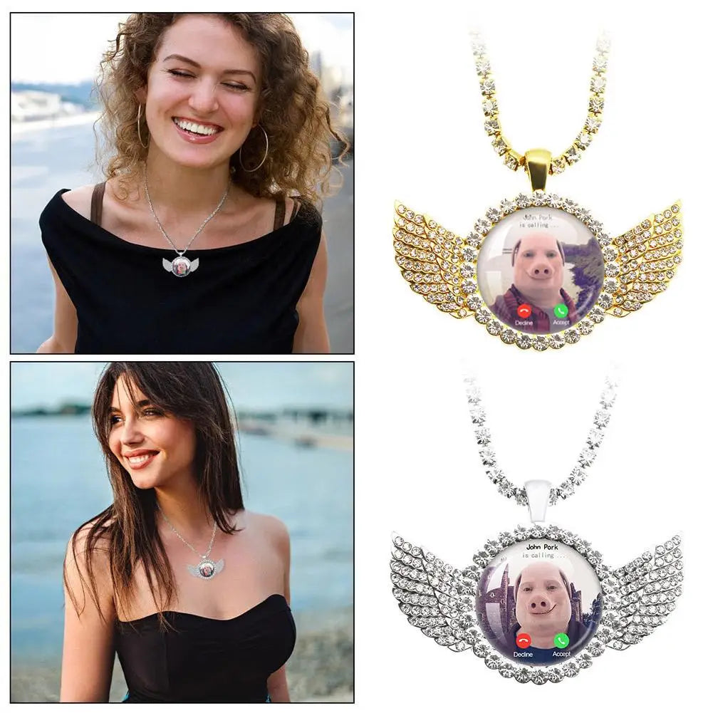 John Pork is Calling Answer Call Phone Humor Funny Pig Lover Graphic The moon Necklace Angel Wings Pendant Necklace Jewelry Gift