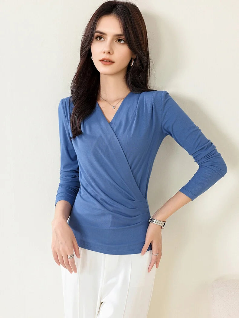 SuyaDream Women's Silk Blend T-Shirt, Wrapped V Neck, Long Sleeved, Ribs Knitted Basic Tee, Monochromatic, 2023 Fall, Winter