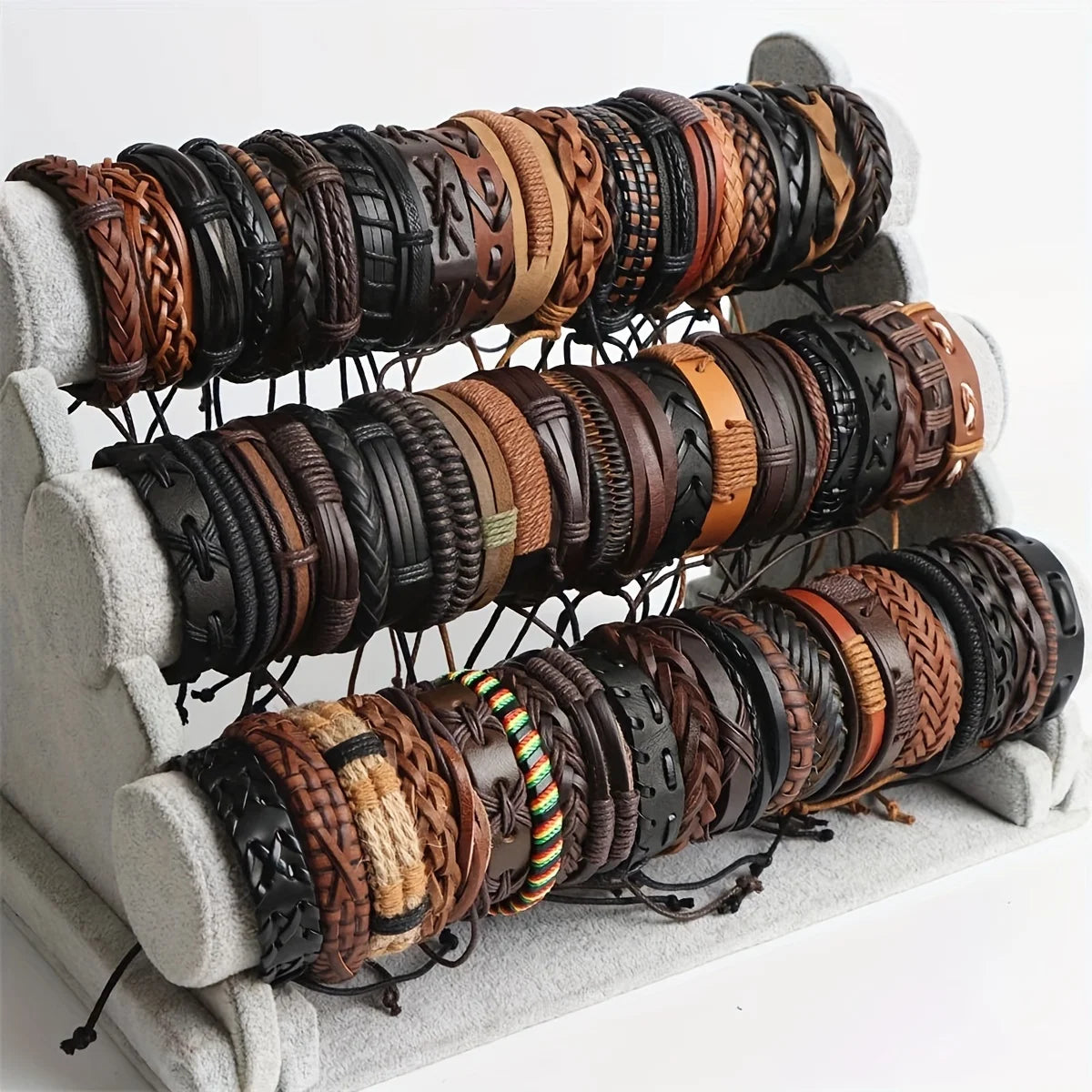 20Pcs Braided Leather Bracelets for Men Women Wrap Wood Beads Cuff Bracelet Hemp Cords Ethnic Tribal Handmade Wrap Wristband Bra