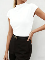 White Turtleneck Short Sleeve Knit Top Women Elegant Slim Fit Solid Color High Neck Pullover Female Office Commuter Knitwear
