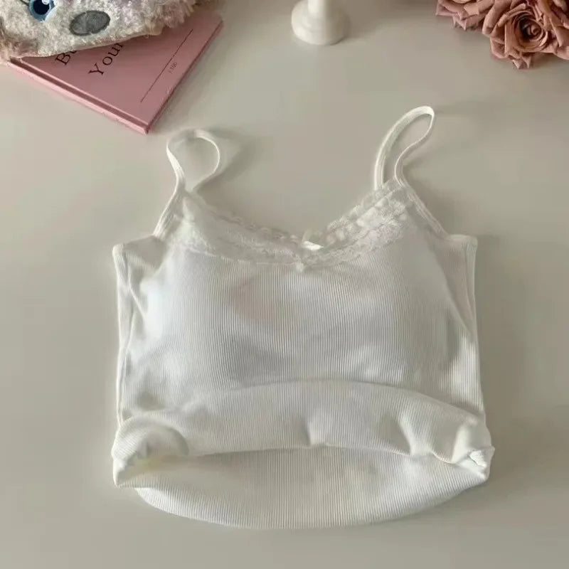 New Knitted Crop Top For Women Solid Color Lace Sling Tops Knitwear Tank Top Female Sexy Slim Camisole Sweet Short Beau Back Top
