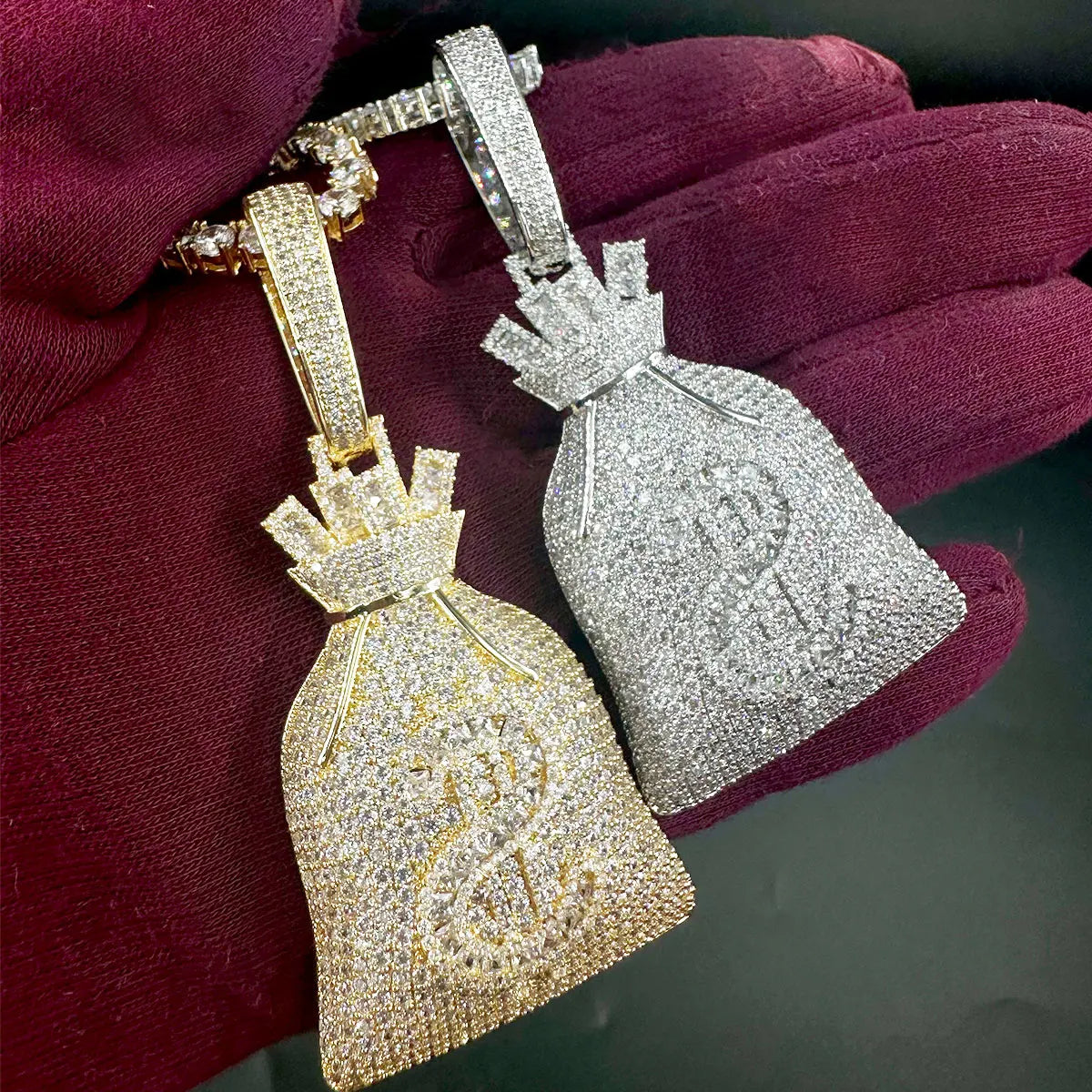 Aokaishen Money Bag Pendant Gold Color Bling Cubic Zircon Men's Hip Hop Necklace Jewelry