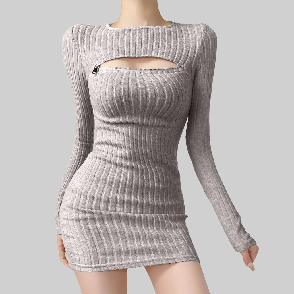 Women Bodycon Sweater Dress Y2k Korean Sexy Hollow Out Zip Up Short Dress Harajuku Female Ruched Long Sleeve Casual Vestidos