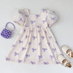 Bear Leader Summer Short Sleeved Girls Casual Dresses Pink Bow Print Square Neck Sweet Princess Dress Daily Simple Kids Clothes