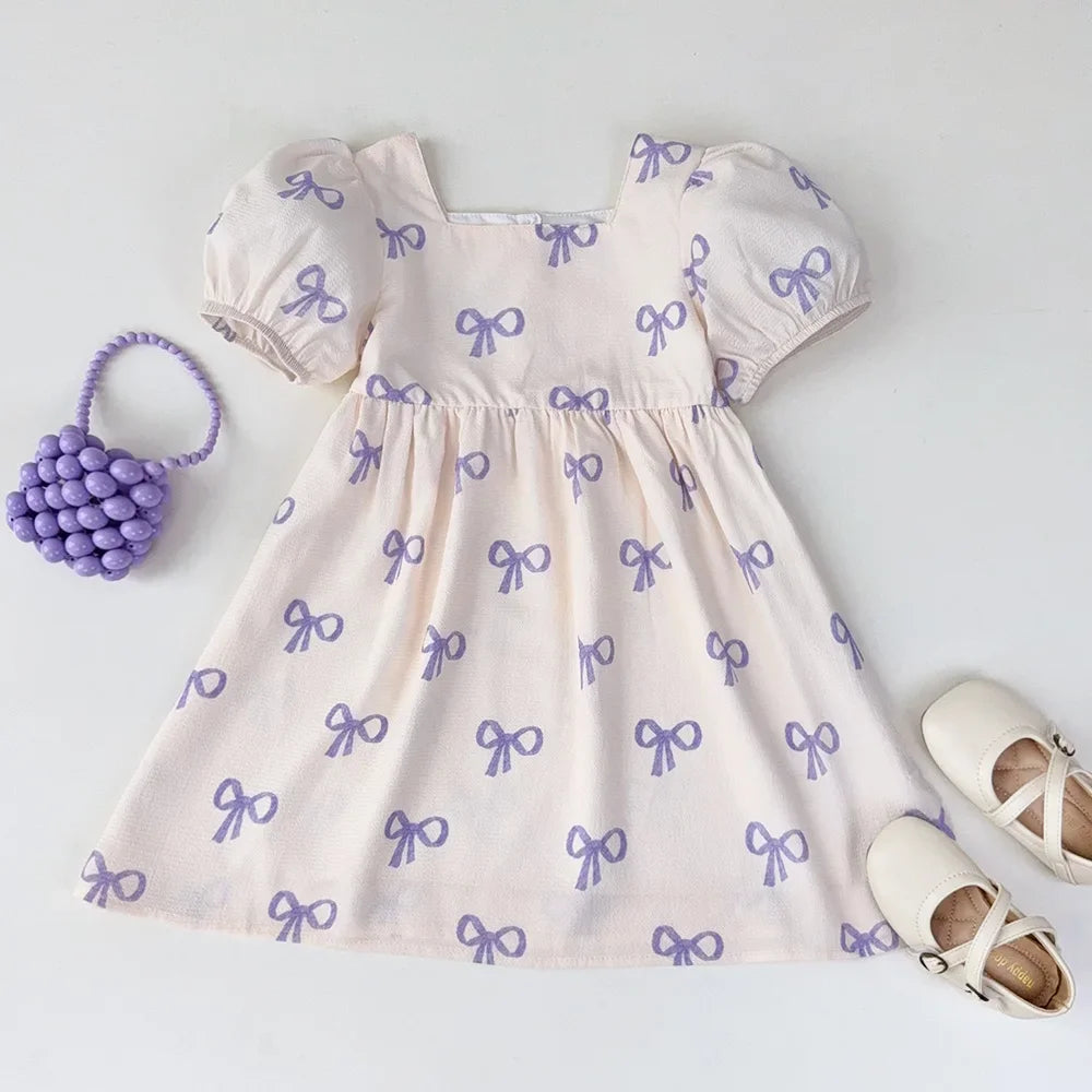 Bear Leader Summer Short Sleeved Girls Casual Dresses Pink Bow Print Square Neck Sweet Princess Dress Daily Simple Kids Clothes