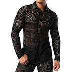 Men'S Foreign Trade Lace Shirt Transparent Sexy Long Sleeve Shirt Disco Party Fashionable Shirt Men'S Short-Sleeved Shirt