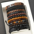 12Pcs Vintage Woven Faux Leather Bracelet Set, Tiger's Eye & Moonstone Beaded Bracelets, Fashion Accessories for Casual Party (B
