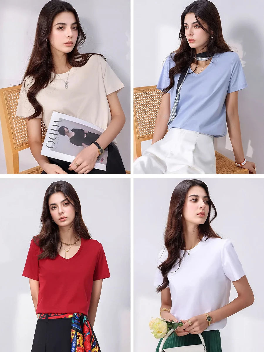 SuyaDream Women Solid T Shirts, Silk Cotton Blend, O Neck, Short Sleeved Solid Tee, 2025 Summer Candy Colors Basic Cozy Top Gree