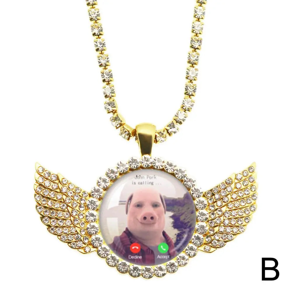 John Pork is Calling Answer Call Phone Humor Funny Pig Lover Graphic The moon Necklace Angel Wings Pendant Necklace Jewelry Gift