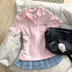 Deeptown Blue Polo Shirts Women Shoujo JK Japanese Preppy Style White T-shirts Short Sleeve Embroidered Tees Basic Pink Tops