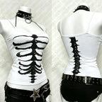 Y2K Gothic Alt Sleeveless Crop Top Vintage Grunge Skeleton Front Back Graphic Slim Women Skeleton Ribcage Spine Cami Tank Tops