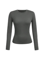Women's solid-color long-sleeved T-shirt - Polyester knitted fabric, round neck, regular fit, fall-winter style
