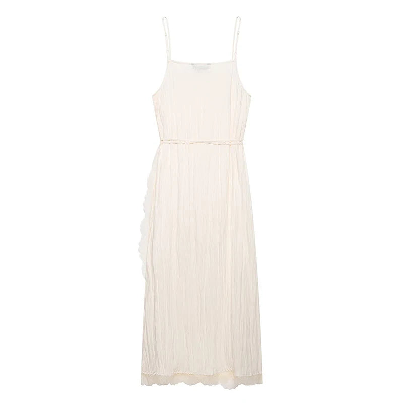 YENKYE Romantic Crinkled Wrap Slip Dress Women Self Tie Waist Lace Trim Irregular Hem Beach Vacation Midi Dresses Female Vestido