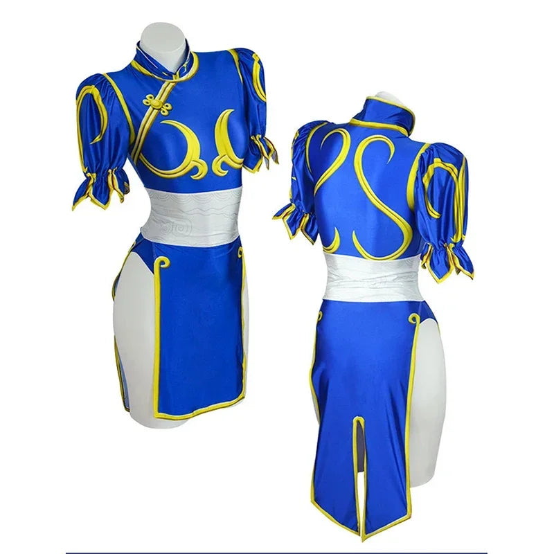 Games Chun Li Cosplay Costumes Sutorito Faita Blue Cheongsam Dress Women Sexy Bodysuit Headwear Suit Halloween Carnival Clothing