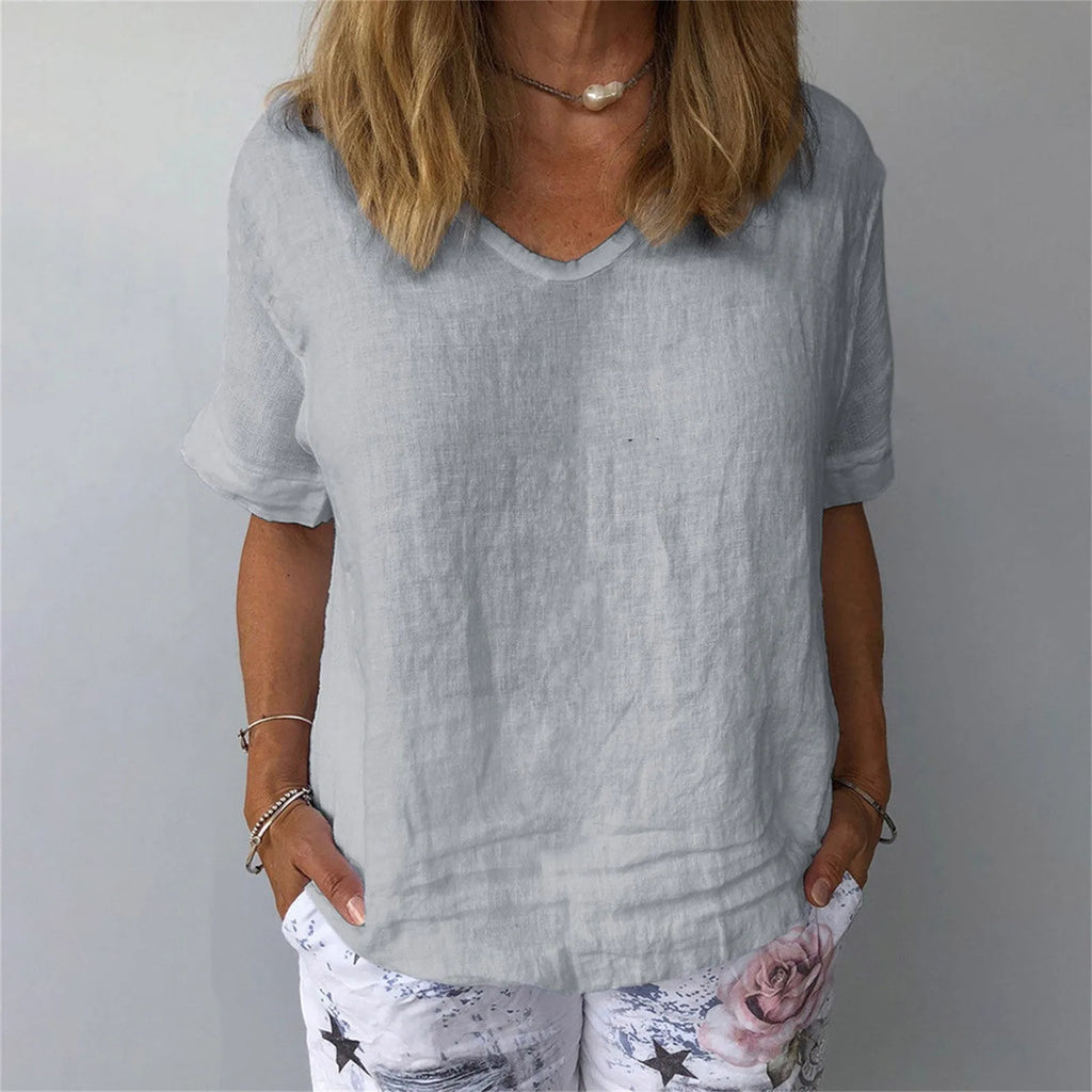 Womens Casual Cotton Linen Blouse Summer V Neck Soft T Shirt Tops Tunic Female Basic Cotton T Shirt C Simple Style Undershirts