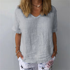 Womens Casual Cotton Linen Blouse Summer V Neck Soft T Shirt Tops Tunic Female Basic Cotton T Shirt C Simple Style Undershirts