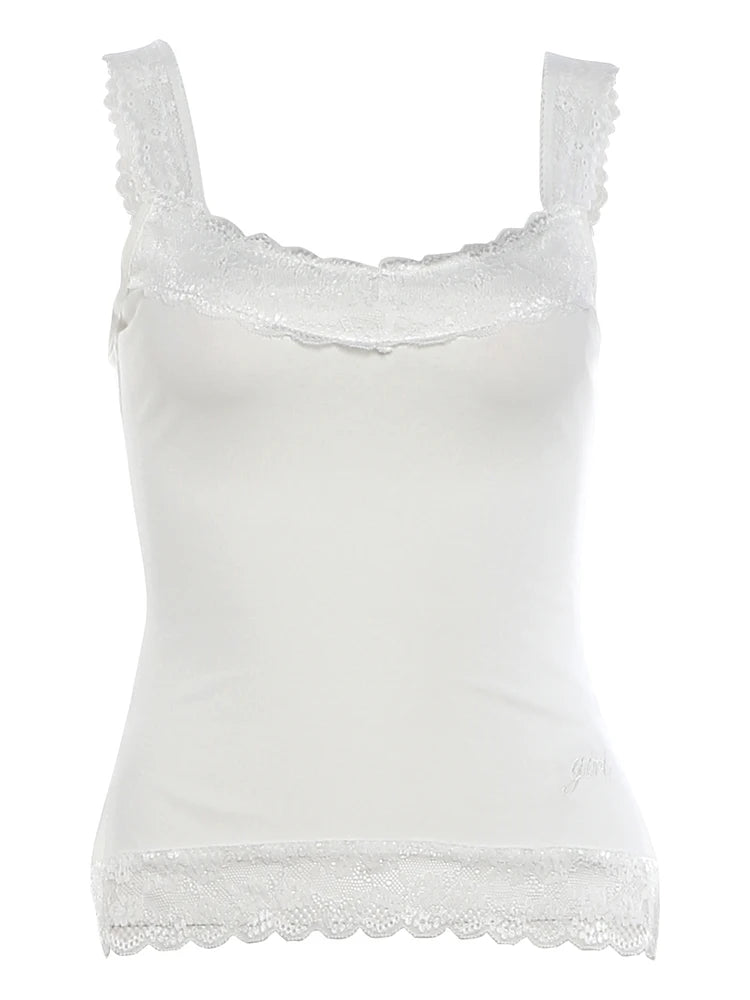 Weird Puss Lace Patchwork Camisole Women Low-Neck Skinny Patchwork  Side Slit Midnight Sexy Hottie Wild Summer Trend Streetwear