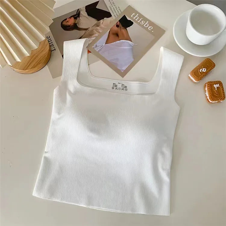 New Wide Shoulder Camisole Square Neck Beautiful Back Threaded Vest Women's Seamless One-piece Fixed Cup Casual Solid Tops
