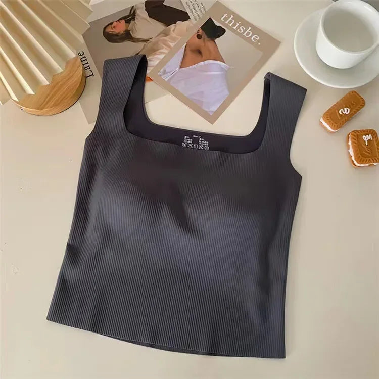 New Wide Shoulder Camisole Square Neck Beautiful Back Threaded Vest Women's Seamless One-piece Fixed Cup Casual Solid Tops