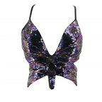 2025 Sparkly Sequin Crop Top Women Clothing Bandage Backless Dance Vest Vintage Party Camisole Tank Tops Clubwear Glitter Outfit