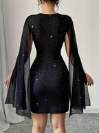 Women Black Glitter Bodycon Mini Dress Lace Crew Neck Sheer Cape Sleeve Slim Party Club Evening Cocktail Short Dress