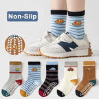 5 Pairs Children Non-Slip Socks Cute Cartoon Car Bus Excavator Stripe Pattern Comfortable Breathable Kids Baby Boys Floor Socks