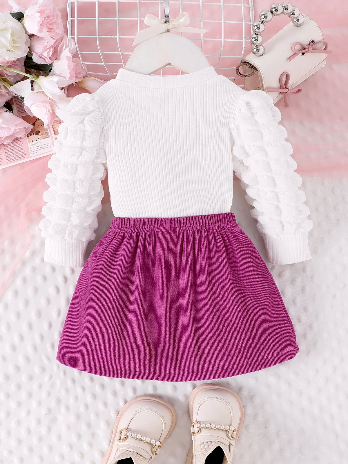 2PCS  Autumn New Style For Girls 1-3 Years Old, Comfortable And Sweet Bubble Sleeve Love Badge Top + Short Skirt Set