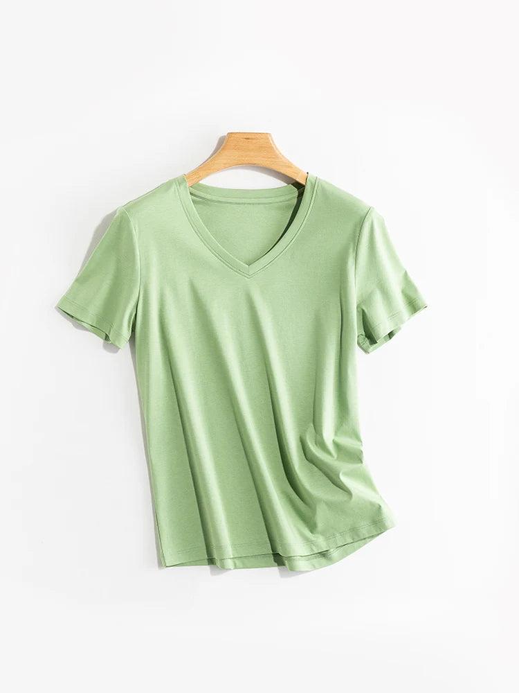 SuyaDream Women Solid T Shirts, Silk Cotton Blend, O Neck, Short Sleeved Solid Tee, 2025 Summer Candy Colors Basic Cozy Top Gree