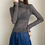 Sexy Women Mesh T-Shirts Transparent Lace Blouse Long Sleeve See Through Tops For Women O Neck Sheer Tees Body Crop Top