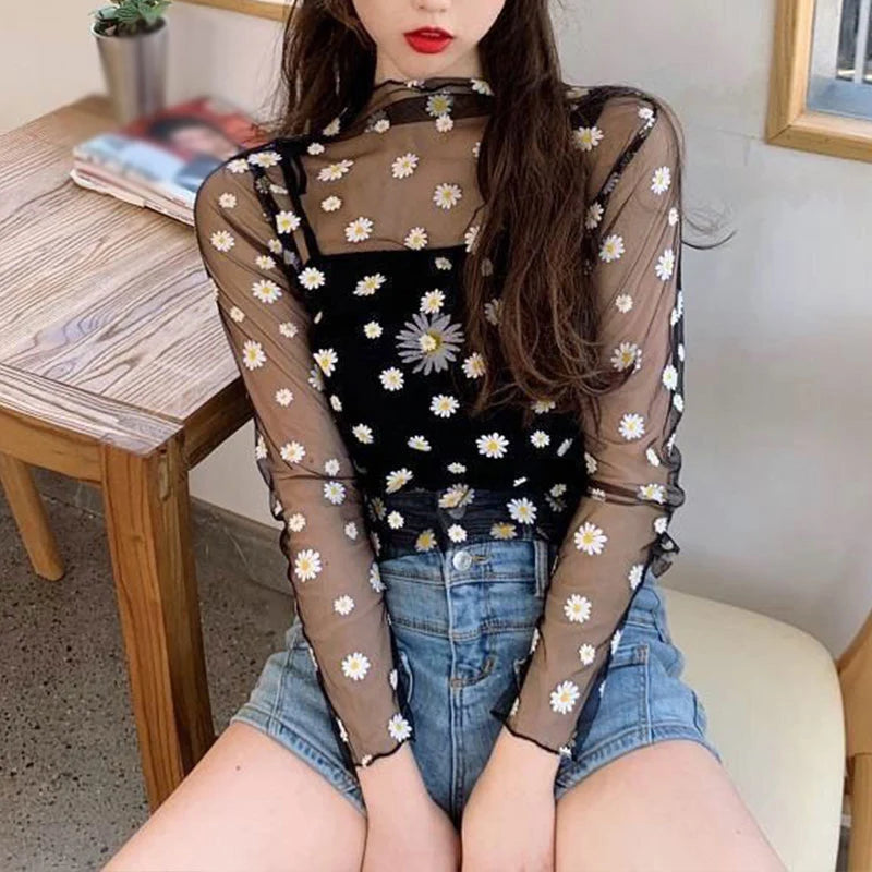 2026  Autumn Hollow Out Mesh T-Shirt Daisy Flower Pattern Crop Top sexy Transparent Long Sleeves Basic Tops For Women Lace Tops