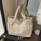 Casual Corduroy Handbag with Zipper Closure Light and Large Capacity Fixed Shoulder Strap Solid Color Daily Commuter Handbag