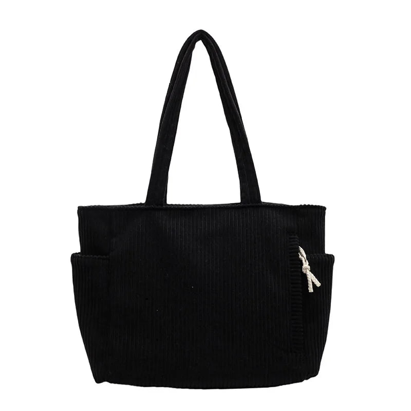 Casual Corduroy Handbag with Zipper Closure Light and Large Capacity Fixed Shoulder Strap Solid Color Daily Commuter Handbag