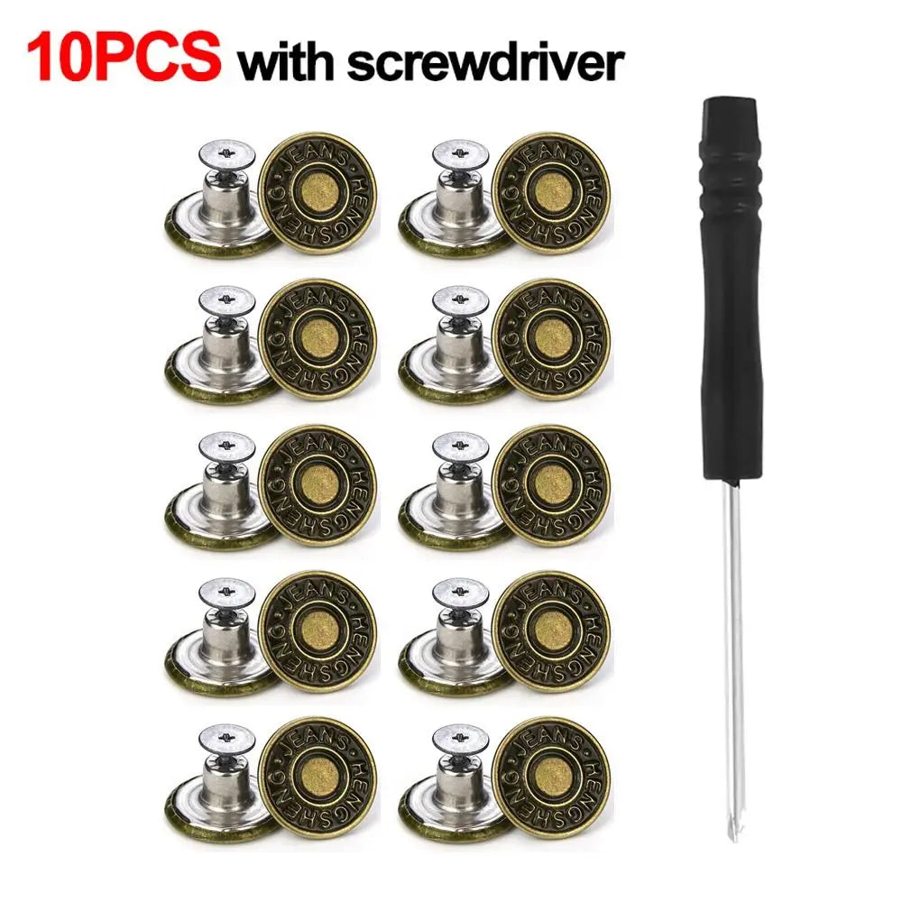 10Pcs/pack Jeans Buttons With Screwdriver Clothing Pants Sewing Accessories Waist Buckle 17mm Nail Free Waist Extenders Button