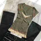 Y2k Clothes T-shirt Harajuku Korea Y2k 90s Goth Punk Vintage Crop Top Summer Fake 2Pieces Slim Lace Hot Girl Tee Emo Grunge Chic