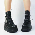 New Women Pu Leather Ankle Booties Woman Autumn Winter Round Toe Lace Up Shoes Woman Motorcycle Platform Gothic Boots Cosplay