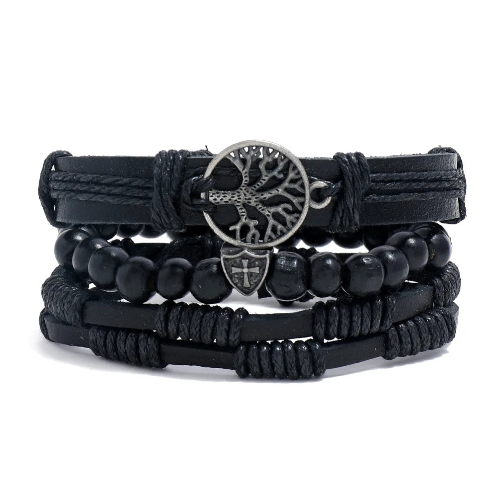 Set Braided Wrap Leather Bracelets for Men Vintage Life Tree Rudder Charm Wood Beads Ethnic Tribal Wristband Rope Bracelet