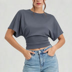 Women Round Neck Batwing Short Sleeve T-shirt Solid Color Slim Waist Casual Daily Basic Tee Stretchy Soft Comfort Knit Lady Tops