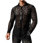 Men'S Foreign Trade Lace Shirt Transparent Sexy Long Sleeve Shirt Disco Party Fashionable Shirt Men'S Short-Sleeved Shirt