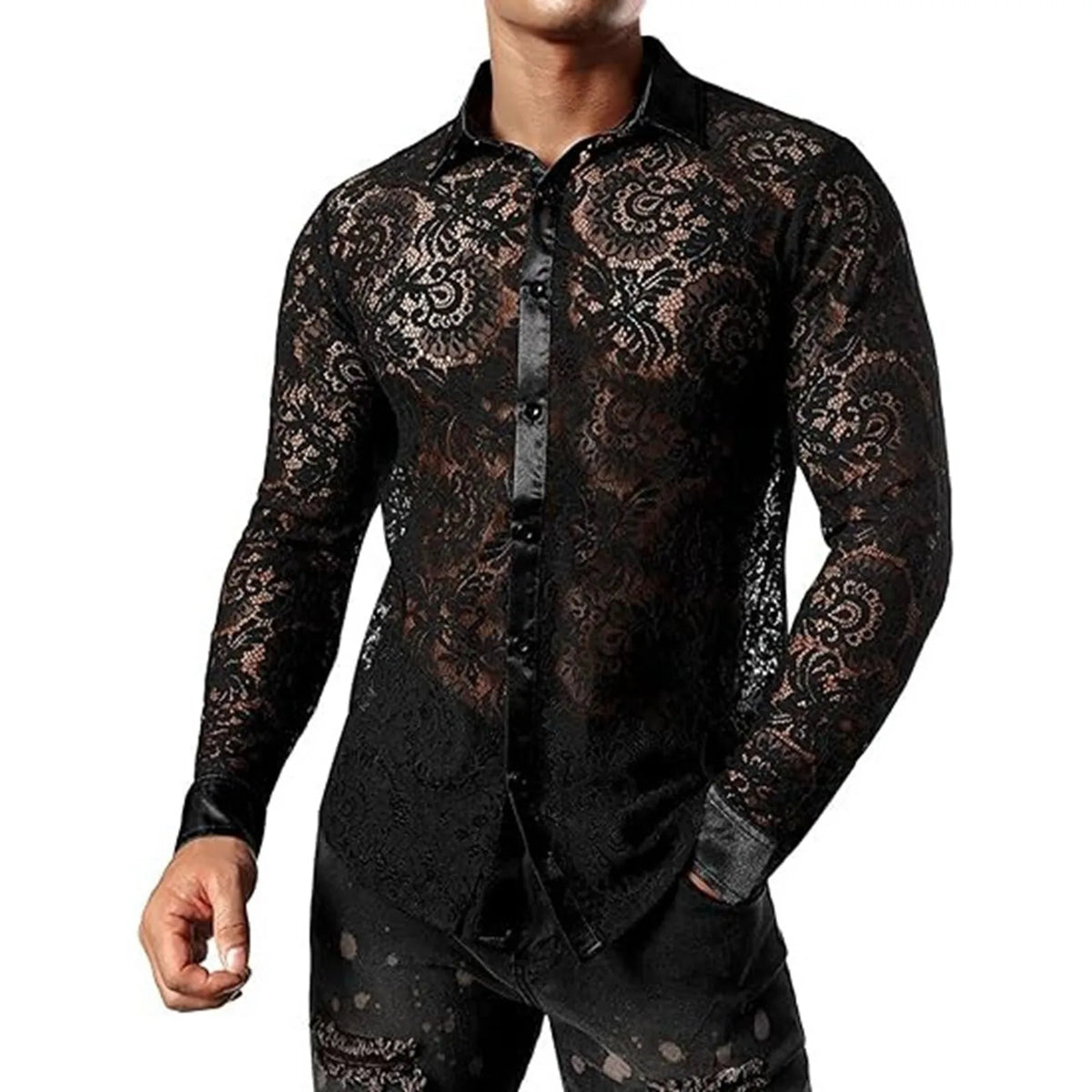 Men'S Foreign Trade Lace Shirt Transparent Sexy Long Sleeve Shirt Disco Party Fashionable Shirt Men'S Short-Sleeved Shirt