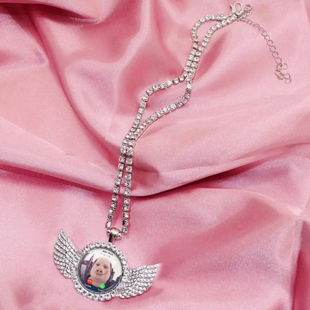 John Pork is Calling Answer Call Phone Humor Funny Pig Lover Graphic The moon Necklace Angel Wings Pendant Necklace Jewelry Gift