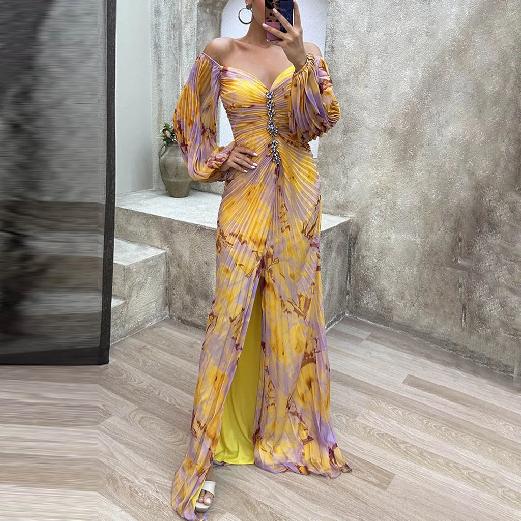 Ladies Gathering Long Sleeved Dress Pleated Slim Evening Party Dress For Women Chic Gala Graduation Dresses Vestidos Para Mujer