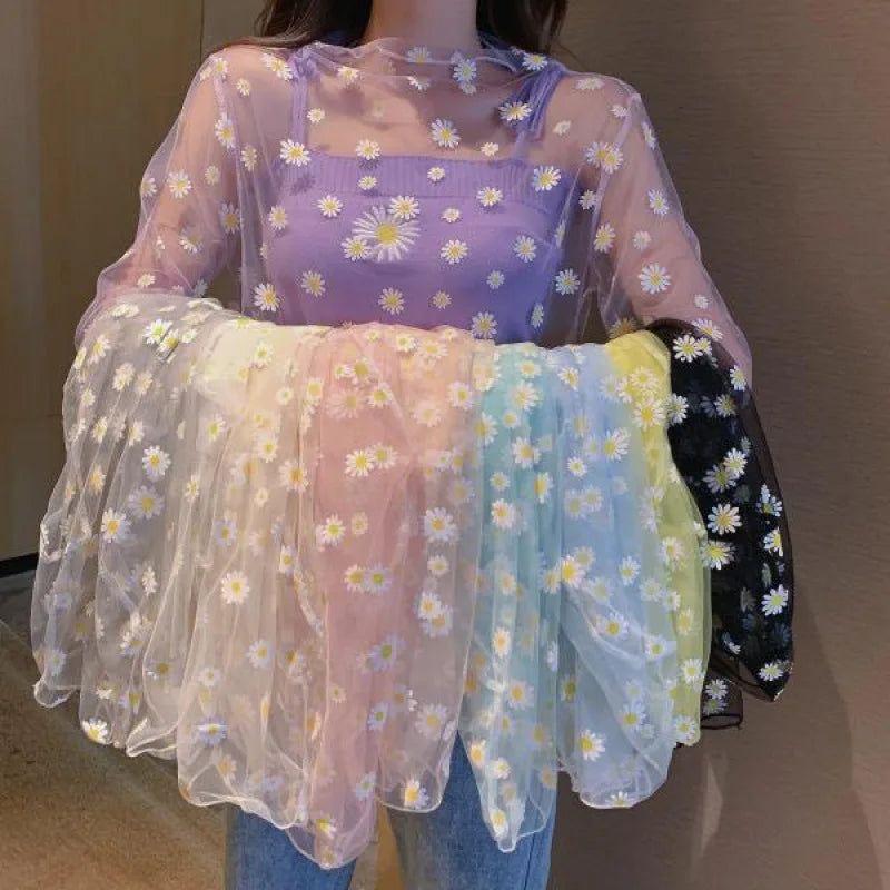 2026  Autumn Hollow Out Mesh T-Shirt Daisy Flower Pattern Crop Top sexy Transparent Long Sleeves Basic Tops For Women Lace Tops