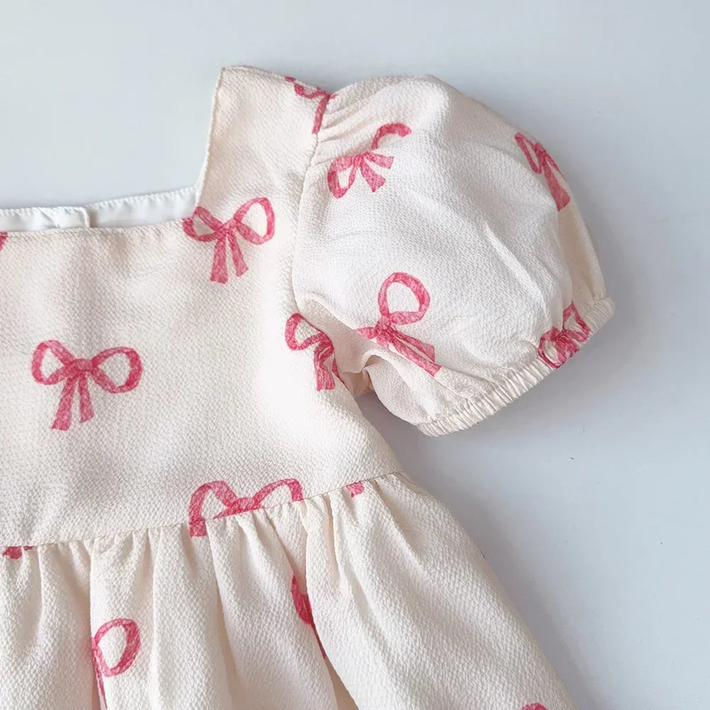 Bear Leader Summer Short Sleeved Girls Casual Dresses Pink Bow Print Square Neck Sweet Princess Dress Daily Simple Kids Clothes