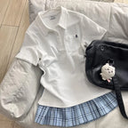 Deeptown Blue Polo Shirts Women Shoujo JK Japanese Preppy Style White T-shirts Short Sleeve Embroidered Tees Basic Pink Tops