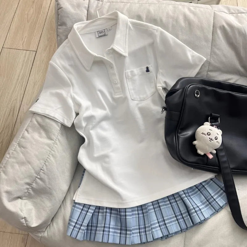 Deeptown Blue Polo Shirts Women Shoujo JK Japanese Preppy Style White T-shirts Short Sleeve Embroidered Tees Basic Pink Tops